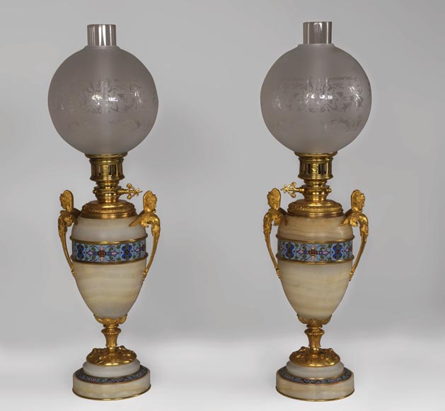 Beautiful antique paire of Onyx lamps with cloisonné enamels and gilded bronze with Sphinx decor-0