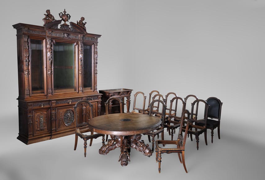 Beautiful antique carved walnut wood dining room set by the french cabinetmaker Paul Mazaroz-0