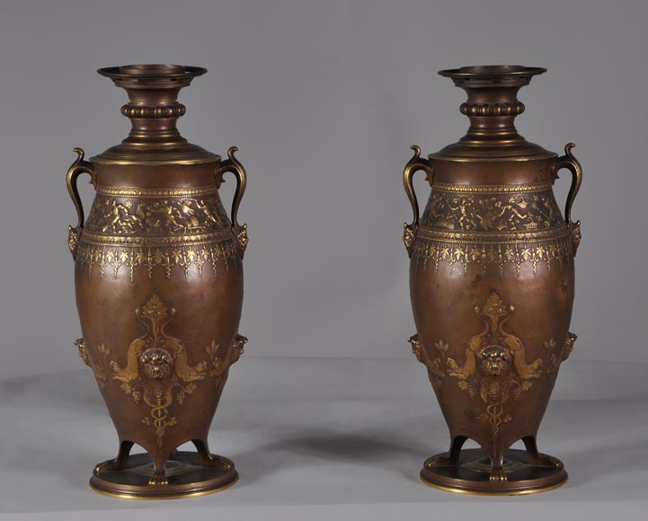 Ferdinand LEVILLAIN (1837 - 1905) Pair of Napoleon III lamps, in gilded an brown patinated bronze-0
