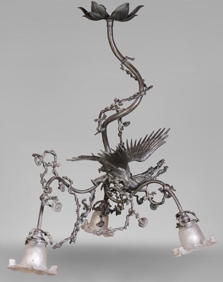 Brown patina bronze chandelier with flying dragon and cherry blossom branches decor-0