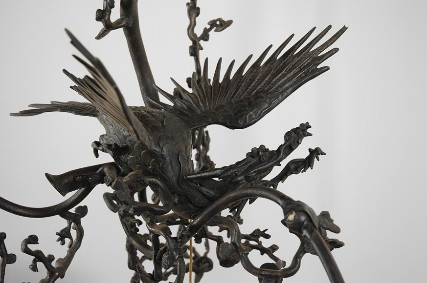 Brown patina bronze chandelier with flying dragon and cherry blossom branches decor-1