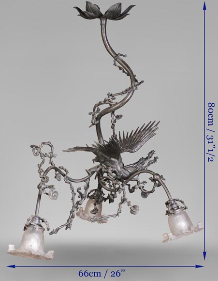 Brown patina bronze chandelier with flying dragon and cherry blossom branches decor-7