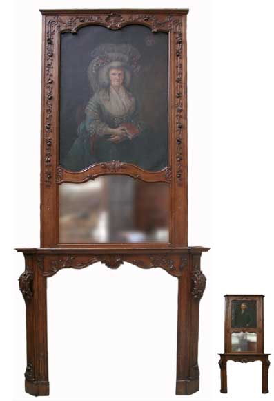 Oak mantle and trumeau with portrait of lady-0
