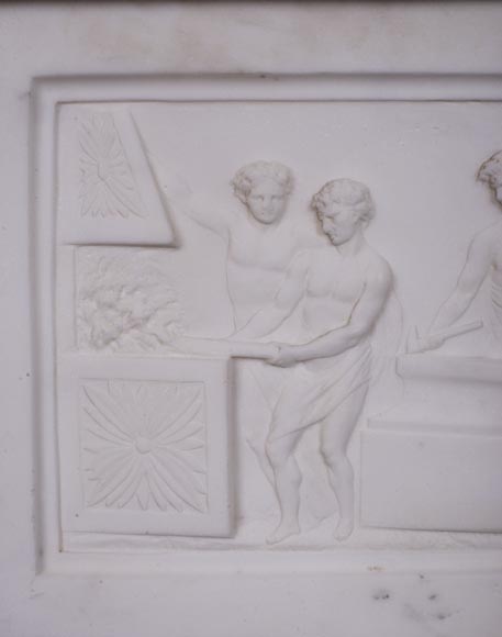 Carrara marble mantel with Vulcan's forge cartouche-2