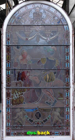 « Leaving for the Hunt , Important enamelled stained glass window by Maison Lorin coming from the Château des Ollières in Nice, France-10