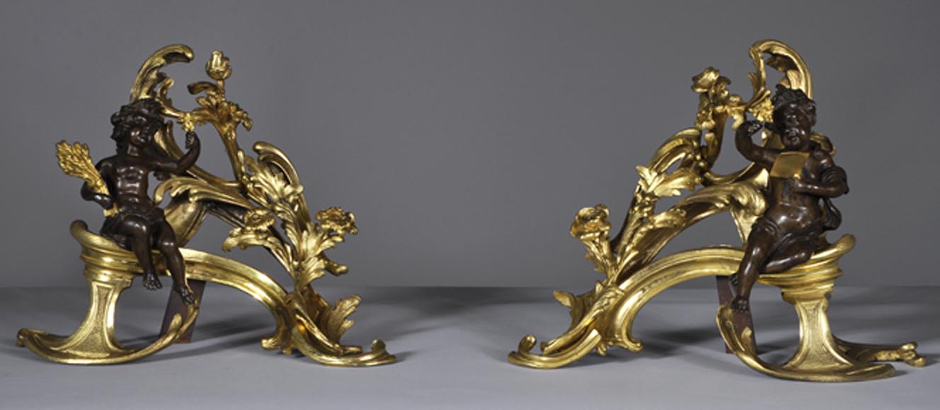 Beautiful pair and antique Louis XV period andirons with Summer Allegories made out of gilded bronze and brown patina bronze-0