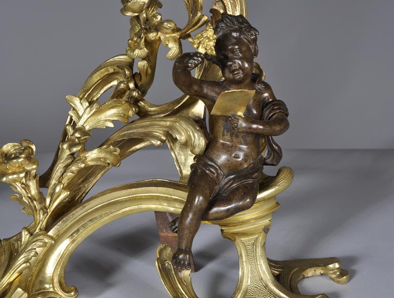 Beautiful pair and antique Louis XV period andirons with Summer Allegories made out of gilded bronze and brown patina bronze-5