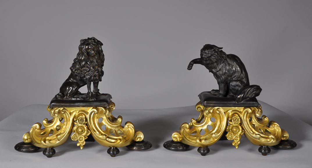 Antique pair of gilded bronze and brown patina bronze andirons with cat and dog decor-0