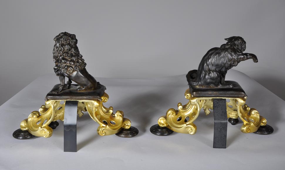 Antique pair of gilded bronze and brown patina bronze andirons with cat and dog decor-6