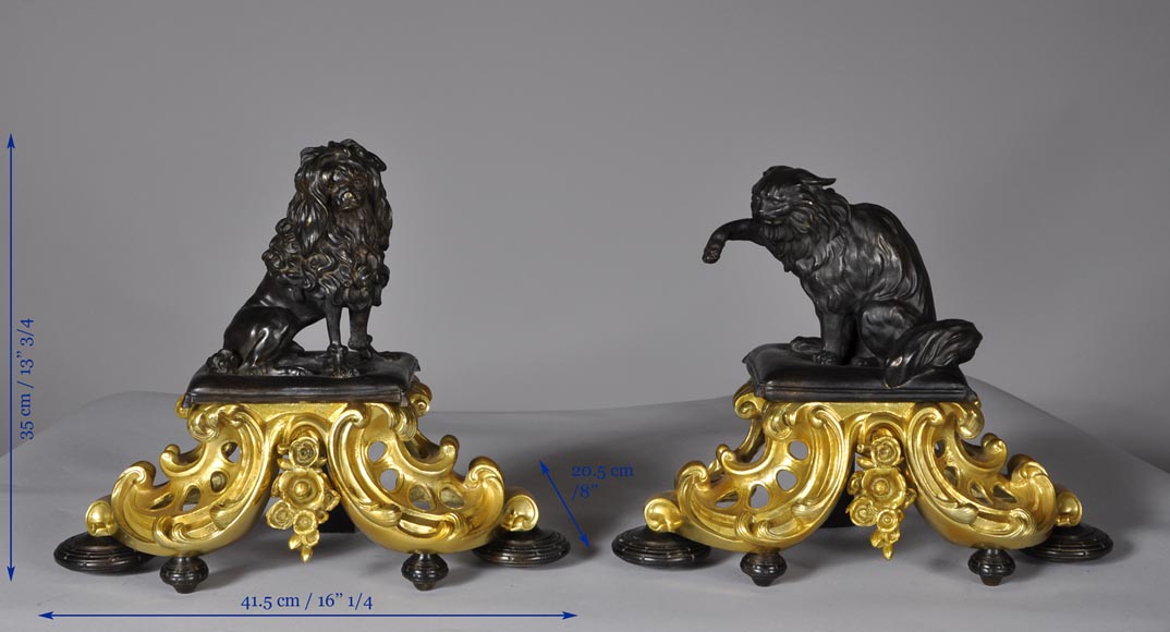Antique pair of gilded bronze and brown patina bronze andirons with cat and dog decor-7