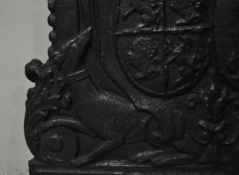 Antique cast iron fireback with wedding coat of arms of Gilles Brunet, Marquis of la Palisse, and Françoise-Suzanne Bignon-4