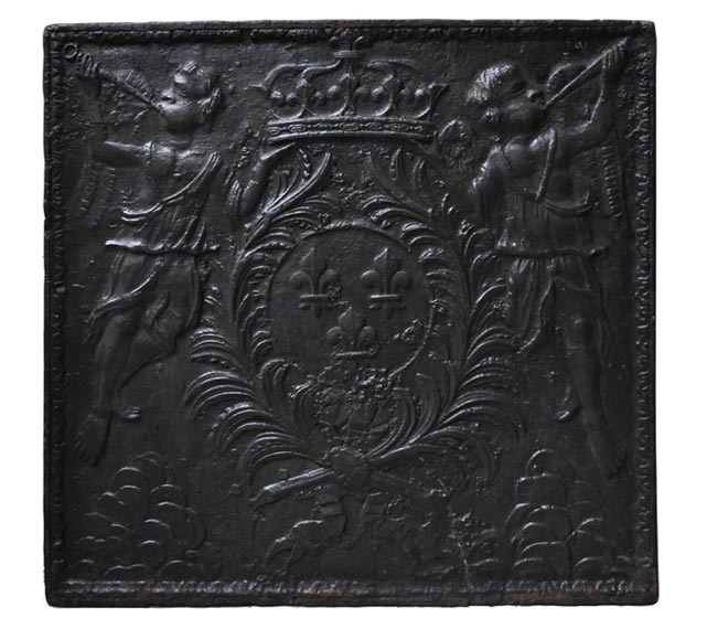 Antique cast iron fireback with French coat of Arms and angels-0