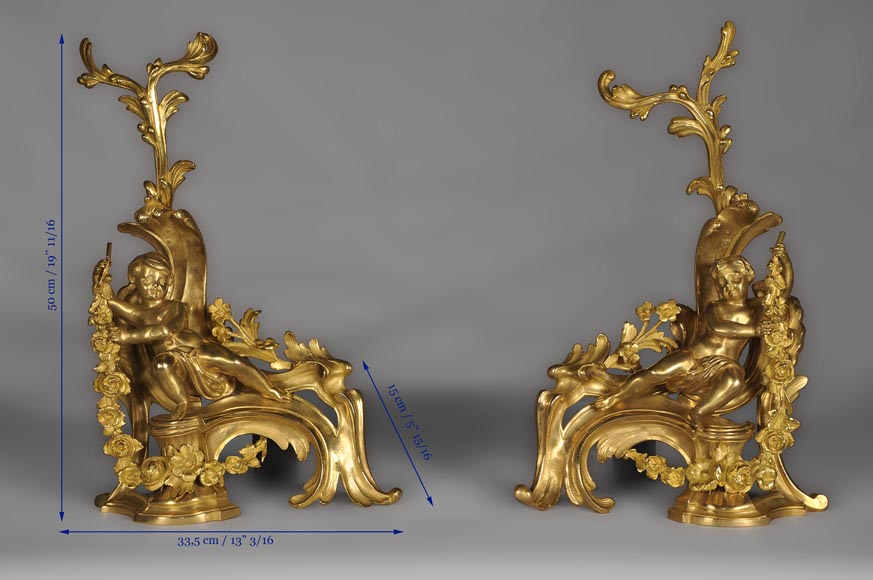 Antique Louis XV style andirons made out of gilded bronze with putti decor-9