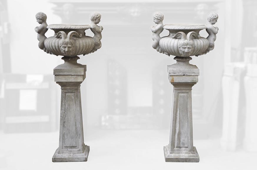 Louis LONATI, Pair of Vases with tritons and fauns decor, with their original bases-0
