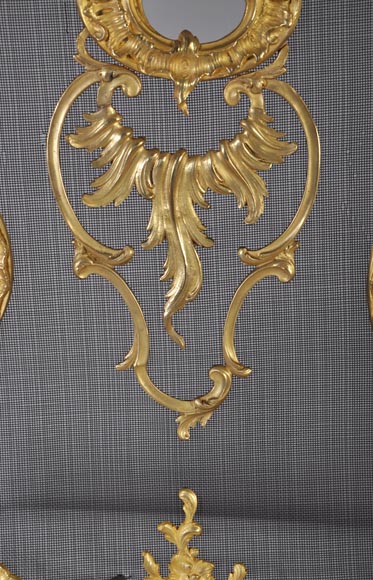 Antique Louis XV style gilt-bronze fire screen, 19th century, foliages and flowers decor-1