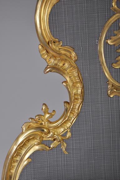 Antique Louis XV style gilt-bronze fire screen, 19th century, foliages and flowers decor-3