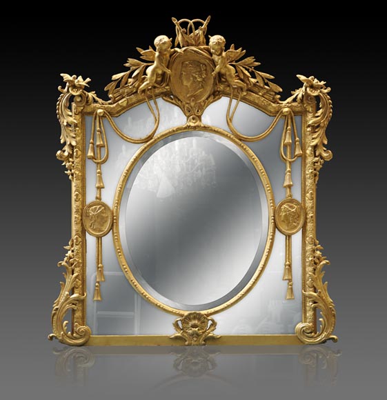 Magnificent antique Napoleon III mirror with partitions, decor of putti and women profils in medallions-0