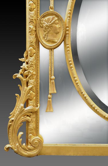 Magnificent antique Napoleon III mirror with partitions, decor of putti and women profils in medallions-7