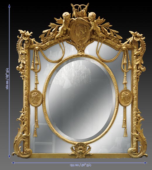 Magnificent antique Napoleon III mirror with partitions, decor of putti and women profils in medallions-11