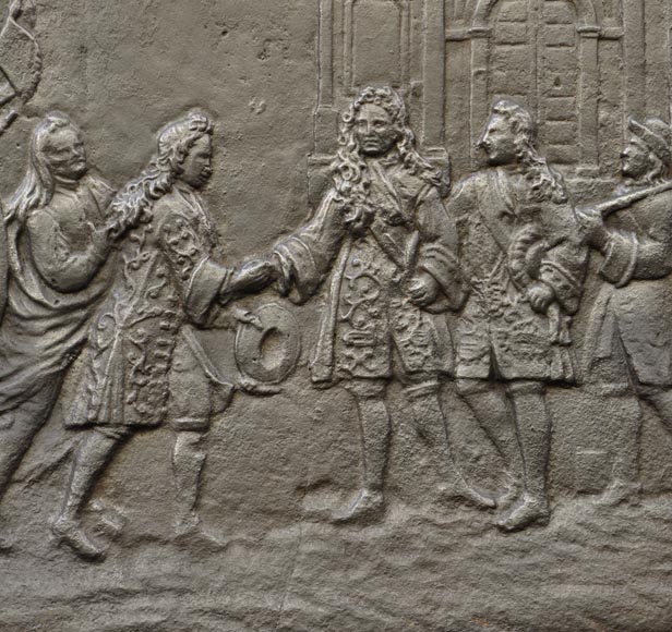 Antique cast iron fireback depicting the meeting between the King of France and of Spain-1