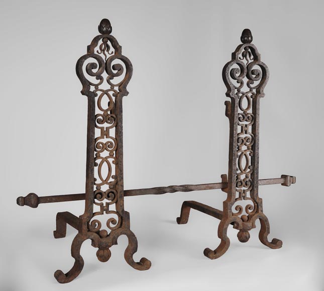 Important pair of wrought iron andirons, 19th century-1