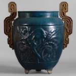 Beautiful antique garden vase in blue enameled cast iron, 19th century