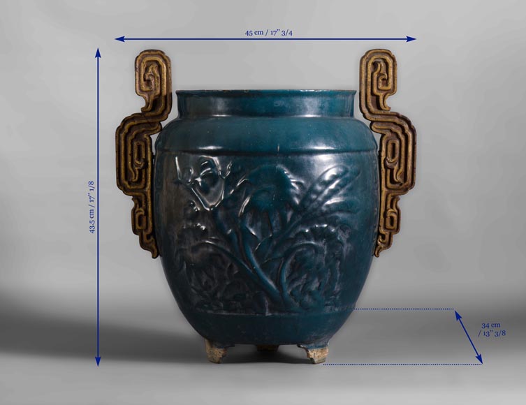 Beautiful antique garden vase in blue enameled cast iron, 19th century-4