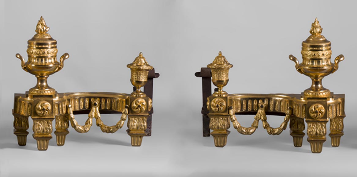 Beautiful antique Louis XVI style gilt bronze pair of andirons with vases and garlands decor-0