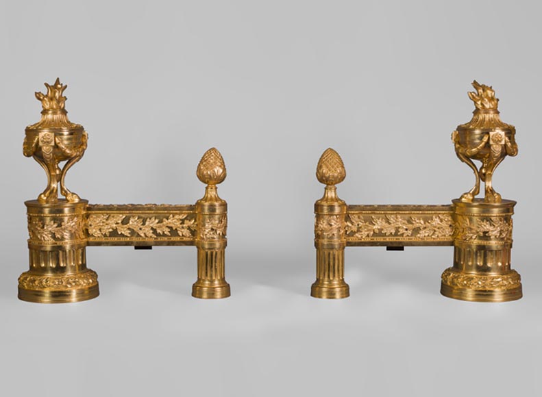 Antique pair of gilt bronze andirons, Louis XVI style, with fire pots decor-0