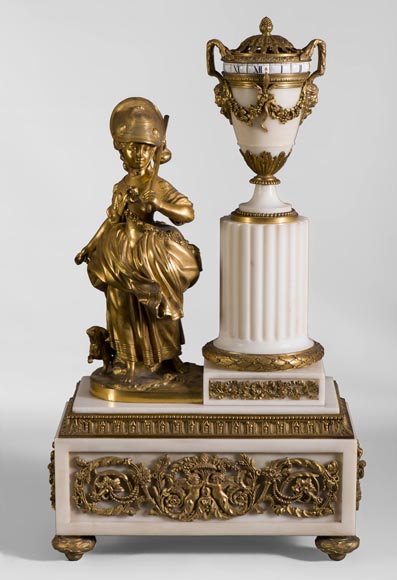 Rare Louis XVI style clock with turning dial with young shepherdess decor, Statuary marble and gilt bronze-0