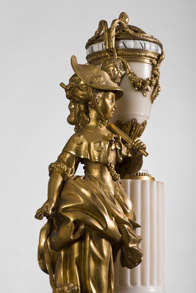 Rare Louis XVI style clock with turning dial with young shepherdess decor, Statuary marble and gilt bronze-2