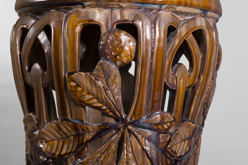 Rare Art Nouveau ceramic stool with chestnut leaves decor-2