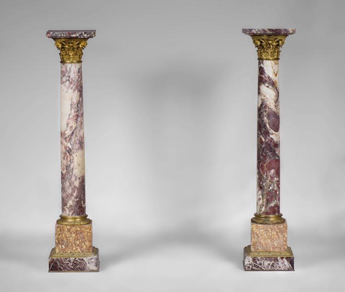 Very beautiful antique pair of columns in Breccia Violet marble, Yellow Brocatelle and Red Levanto with gilt bronze ornaments-0