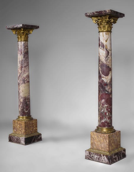 Very beautiful antique pair of columns in Breccia Violet marble, Yellow Brocatelle and Red Levanto with gilt bronze ornaments-1