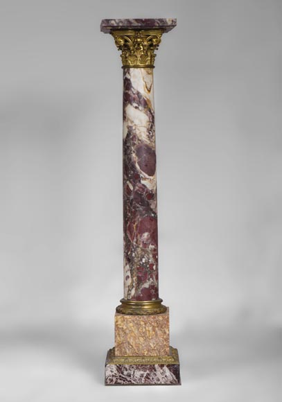 Very beautiful antique pair of columns in Breccia Violet marble, Yellow Brocatelle and Red Levanto with gilt bronze ornaments-2