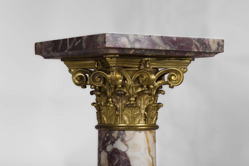 Very beautiful antique pair of columns in Breccia Violet marble, Yellow Brocatelle and Red Levanto with gilt bronze ornaments-3