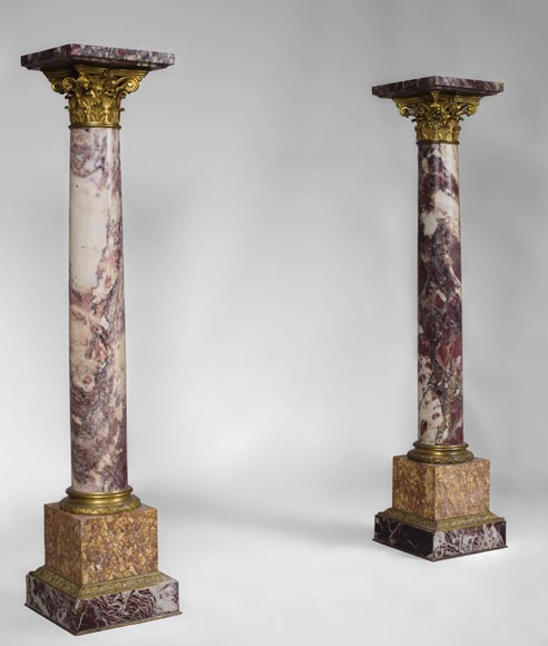 Very beautiful antique pair of columns in Breccia Violet marble, Yellow Brocatelle and Red Levanto with gilt bronze ornaments-5