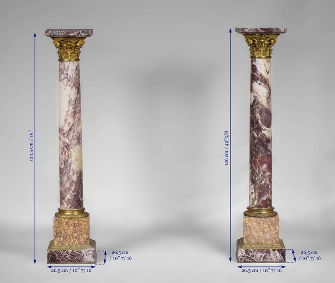 Very beautiful antique pair of columns in Breccia Violet marble, Yellow Brocatelle and Red Levanto with gilt bronze ornaments-9