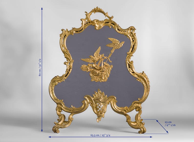 Antique Louis XV style firescreen in gilt bronze with birds and music instruments decoration-7