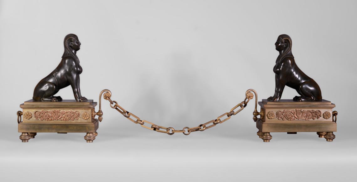 Antique Empire style pair of andirons with Sphinxes, gilt bronze and brown patina bronze-0