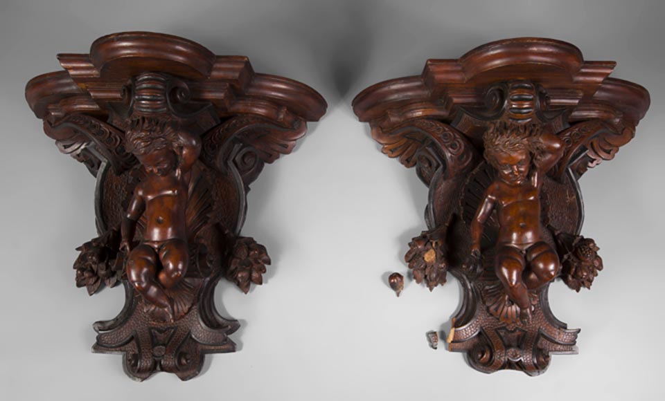 Pair of applied consoles in carved walnut with putti decor, Napoleon 3 period-0