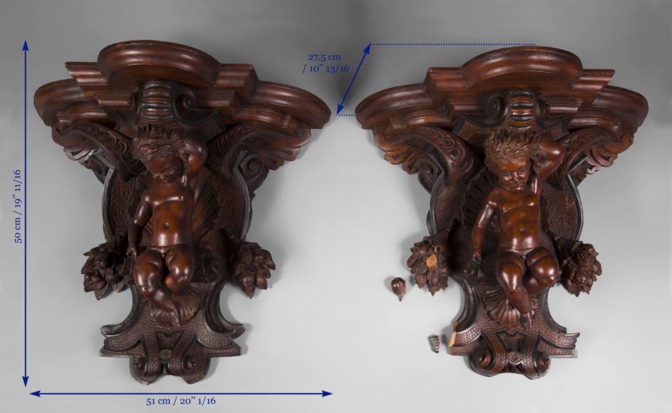Pair of applied consoles in carved walnut with putti decor, Napoleon 3 period-10