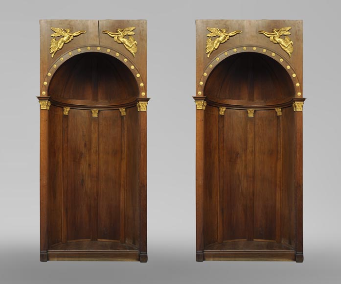 Pair of walnut and gilt stucco alcoves, Louis-Philippe style, with Allegory of Renown-0