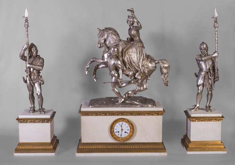 After Jean-Auguste BARRE (1811-1896) - Set clock with Marie de Bourgogne going falcon hunting-0