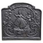 Louis XV style cast iron fireback with dancing lady and musician