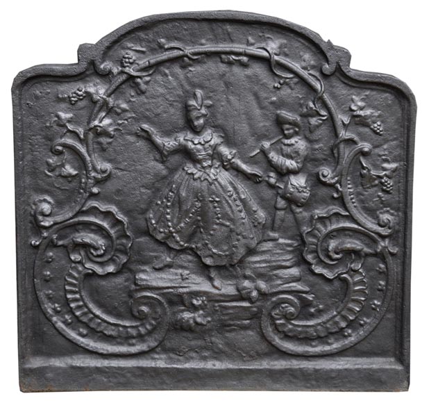 Louis XV style cast iron fireback with dancing lady and musician-0