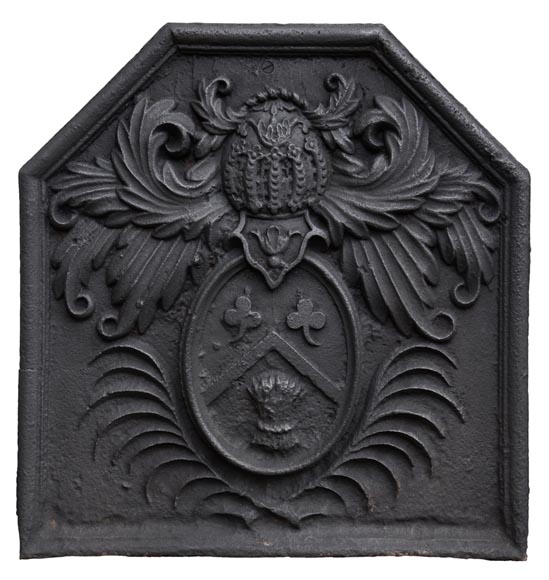 Antique 18th-century fireback with the coat of arms of the Fontaine de Biré family-0