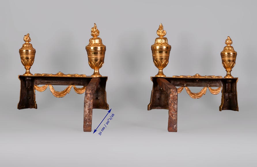 Beautiful pair of Napoleon III style gilt bronze andirons with military trophies-6