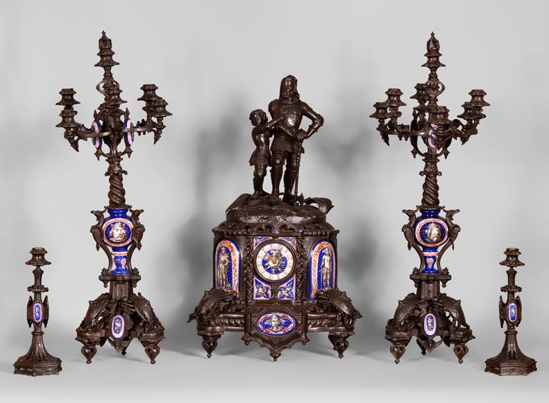 Antique Troubadour style 5 pieces clock set, cast iron and Paris porcelain-0