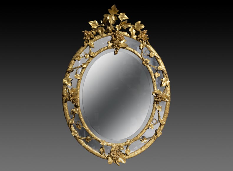 Very beautiful antique Napoleon III oval mirror decorated with bunches of grapes and grape leaves-0